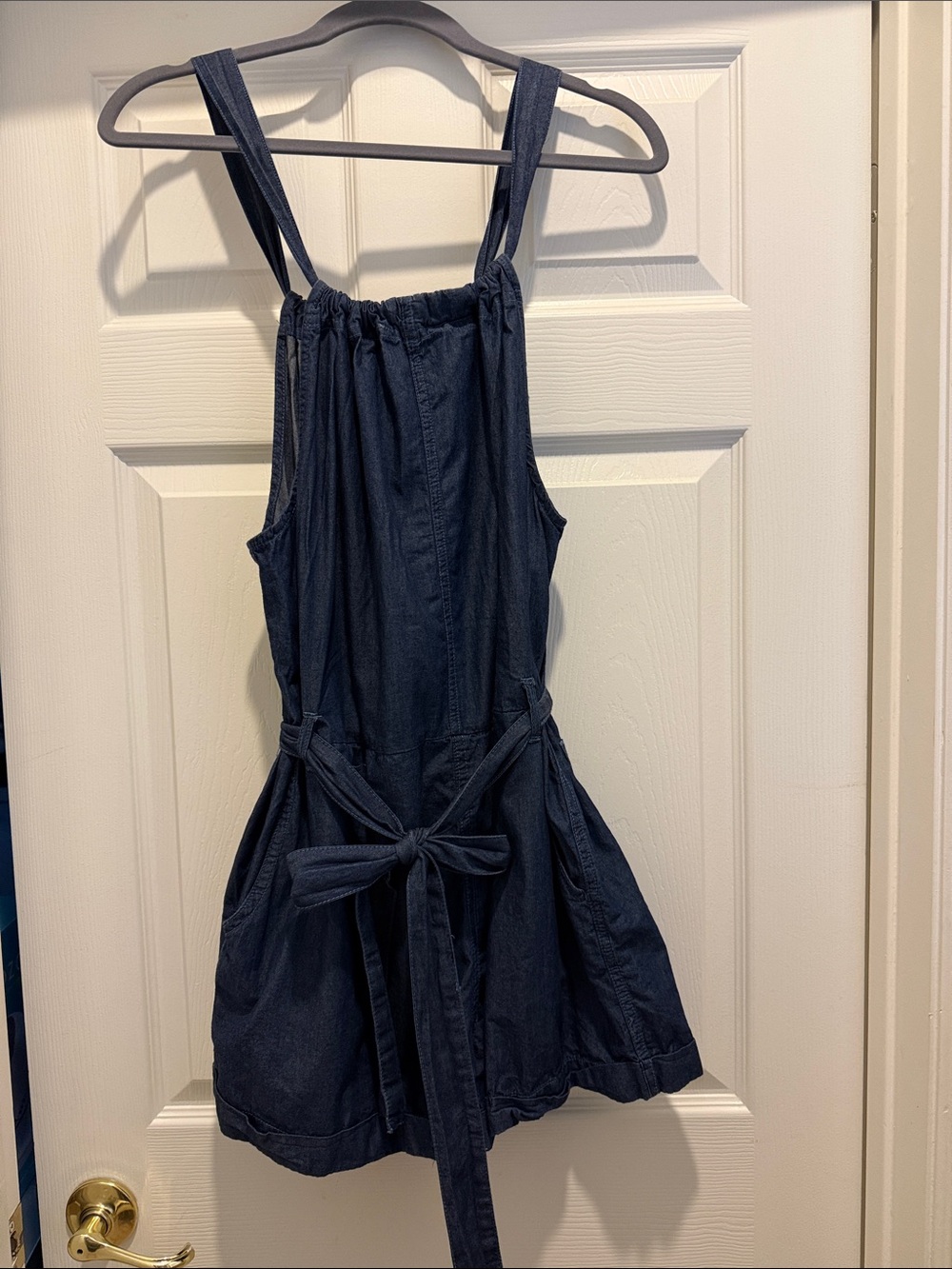 Universal Thread Navy Blue Denim Romper with Tie Waist